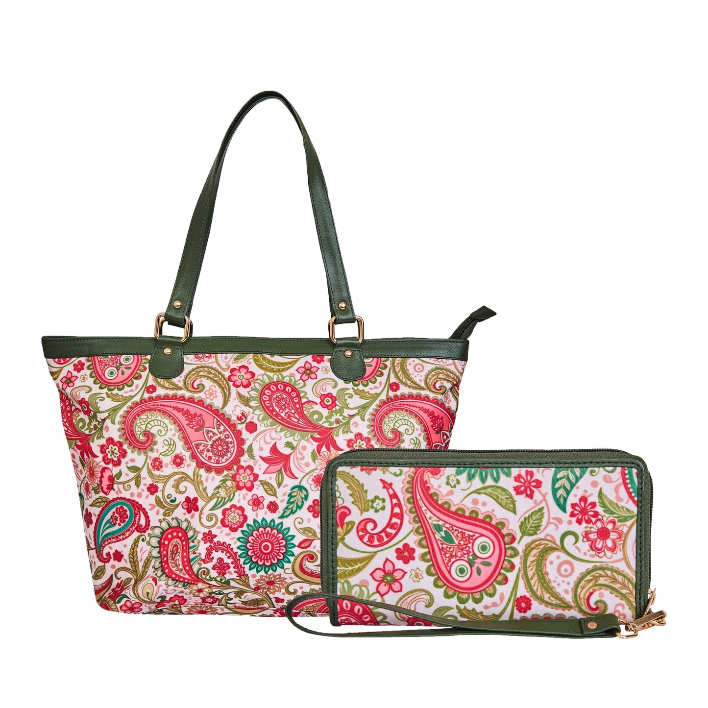 Wholesale Women's Paisley Tote Bag & Wristlet Wallet - Fabric with Leather Trim