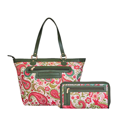 Wholesale Women's Paisley Tote Bag & Wristlet Wallet - Fabric with Leather Trim