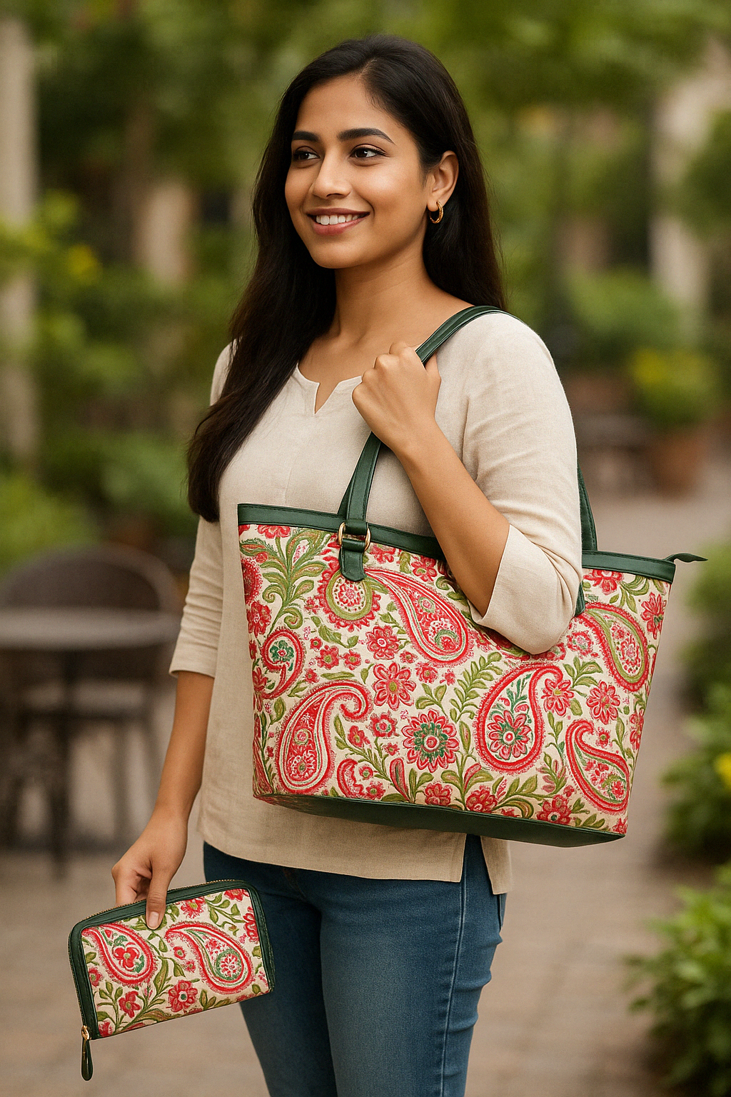 Wholesale Women's Paisley Tote Bag & Wristlet Wallet - Fabric with Leather Trim