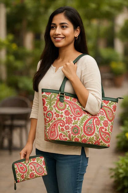 Wholesale Women's Paisley Tote Bag & Wristlet Wallet - Fabric with Leather Trim