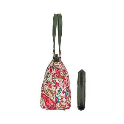Wholesale Women's Paisley Tote Bag & Wristlet Wallet - Fabric with Leather Trim