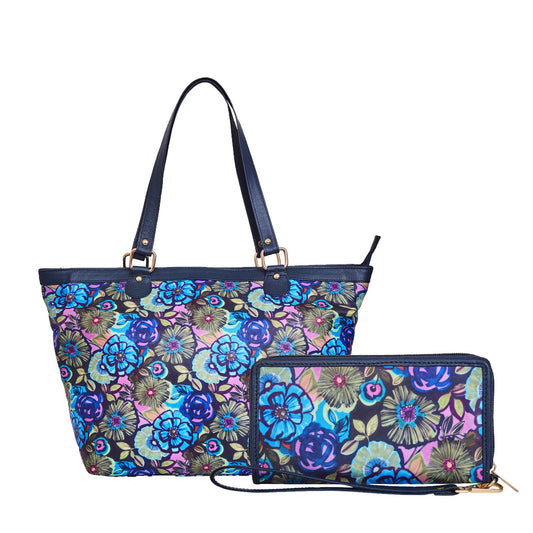 Wholesale Women's Botanical Tote Bag & Wristlet Wallet - Fabric with Leather Trim