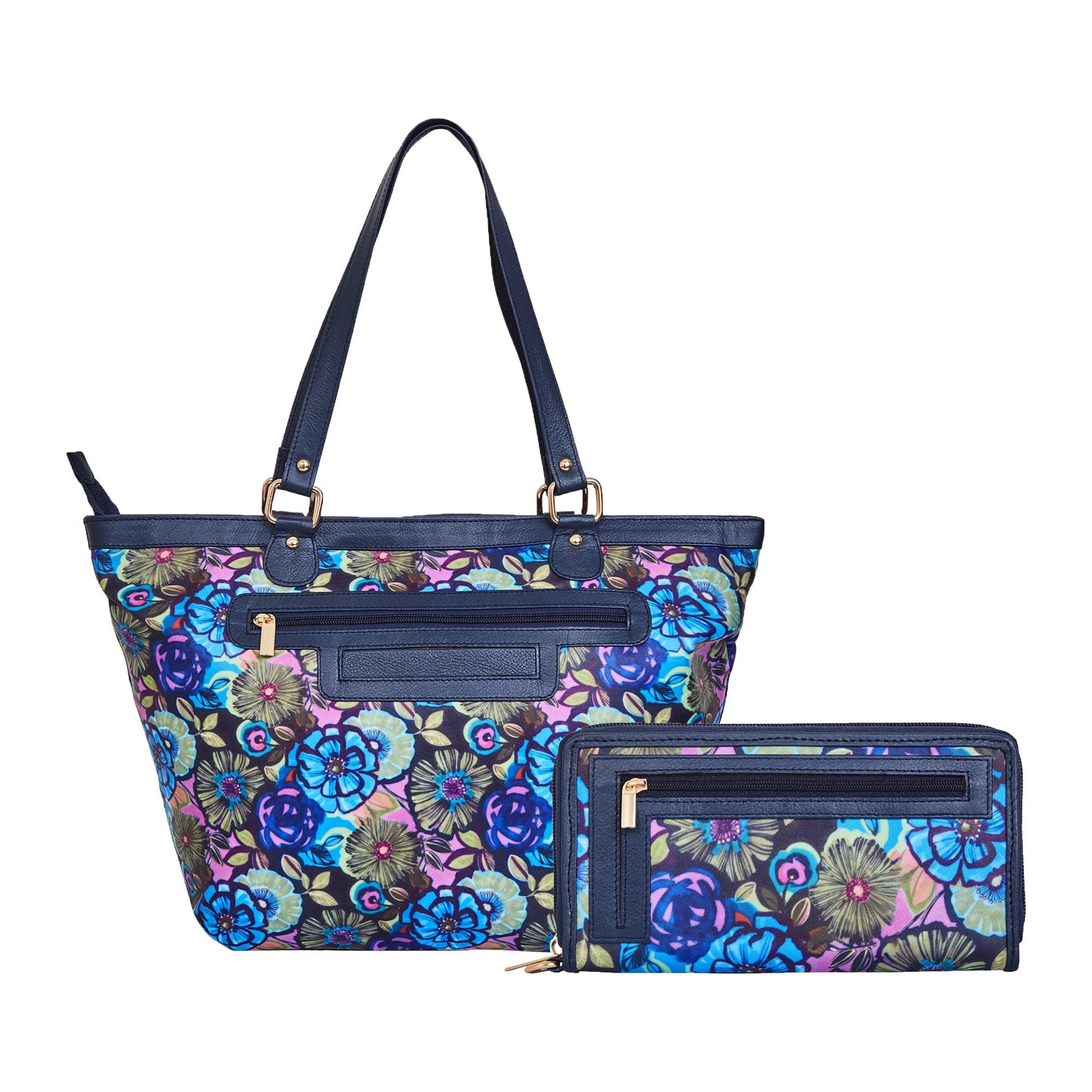 Wholesale Women's Botanical Tote Bag & Wristlet Wallet - Fabric with Leather Trim