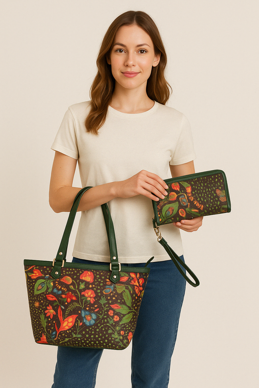 Wholesale Women's Coastal Tote Bag & Wristlet Wallet - Fabric with Leather Trim