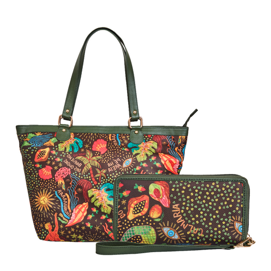 Wholesale Women's Coastal Tote Bag & Wristlet Wallet - Fabric with Leather Trim