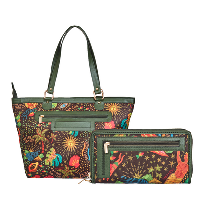 Wholesale Women's Coastal Tote Bag & Wristlet Wallet - Fabric with Leather Trim