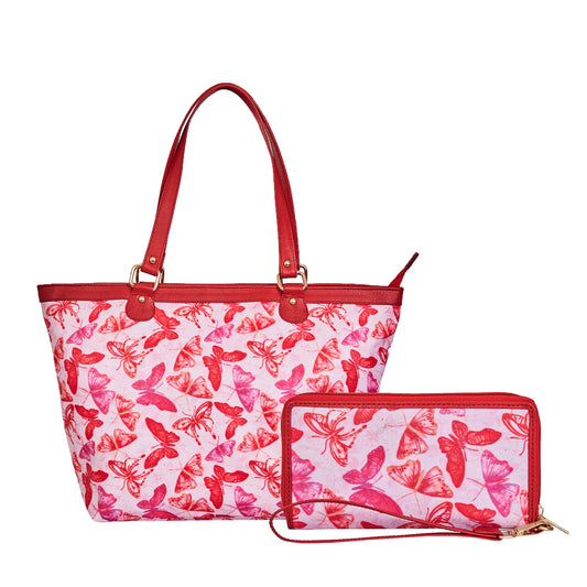 Wholesale Women's Butterfly Tote Bag & Wristlet Wallet - Fabric with Leather Trim