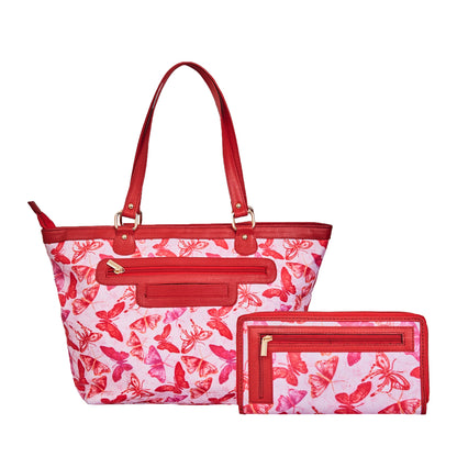 Wholesale Women's Butterfly Tote Bag & Wristlet Wallet - Fabric with Leather Trim