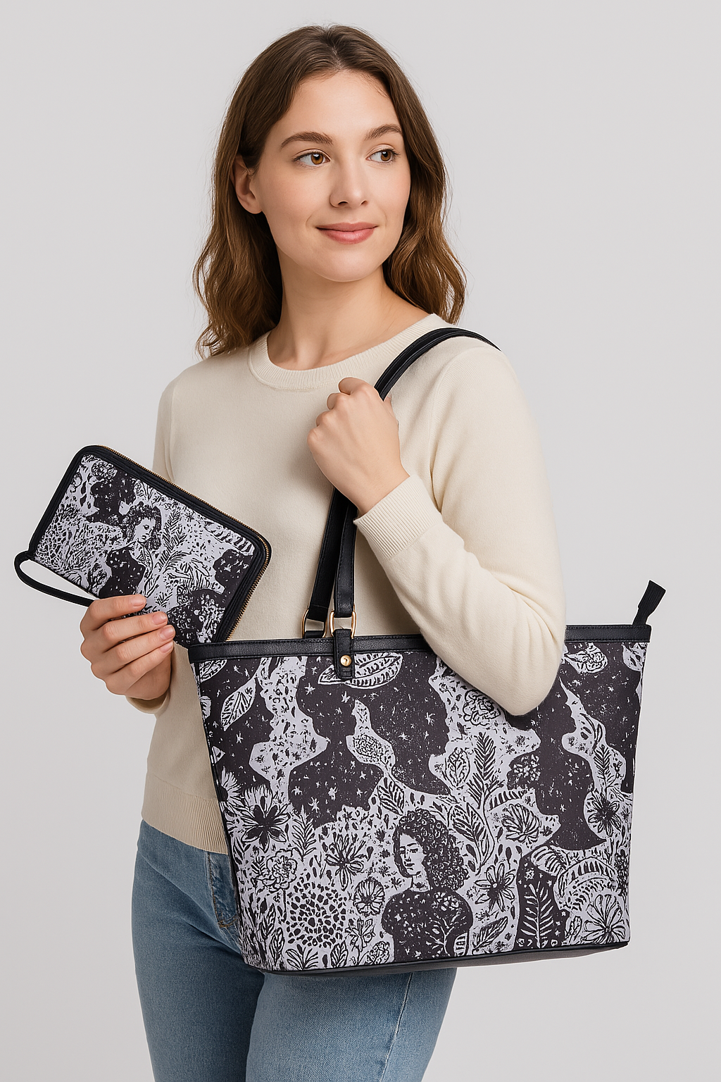 Wholesale Women's Monochrome Tote Bag & Wristlet Wallet - Fabric with Leather Trim