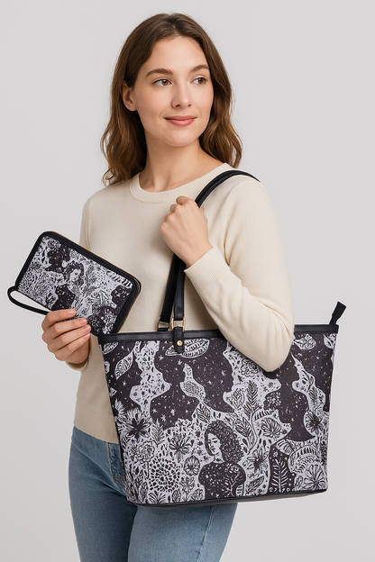 Wholesale Women's Monochrome Tote Bag & Wristlet Wallet - Fabric with Leather Trim