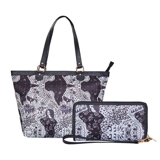 Wholesale Women's Monochrome Tote Bag & Wristlet Wallet - Fabric with Leather Trim