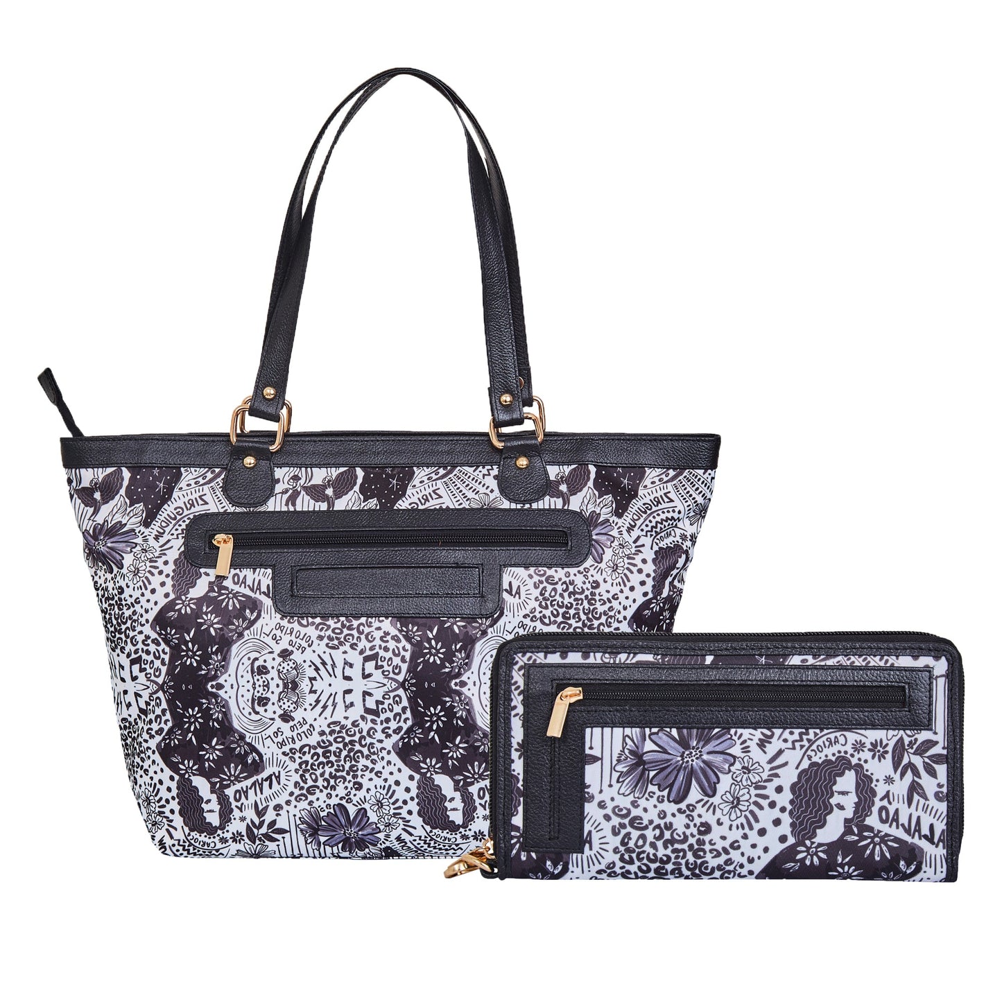 Wholesale Women's Monochrome Tote Bag & Wristlet Wallet - Fabric with Leather Trim