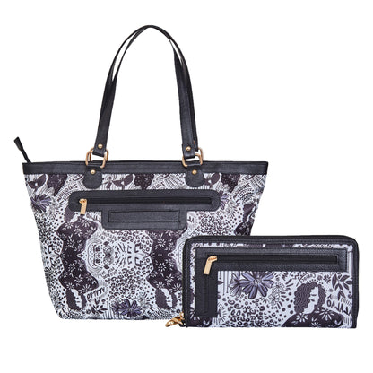 Wholesale Women's Monochrome Tote Bag & Wristlet Wallet - Fabric with Leather Trim