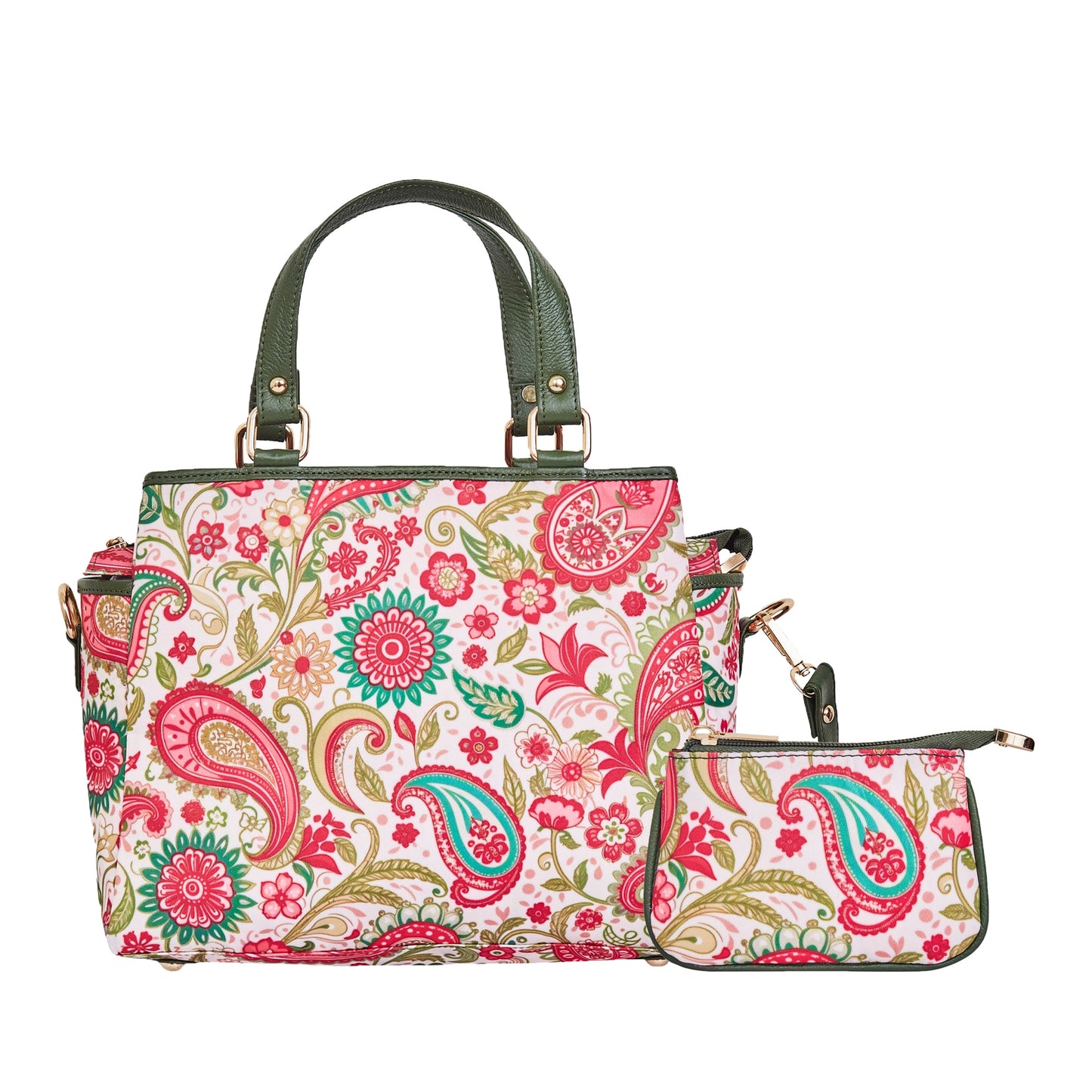 Wholesale Women Paisley Satchel Bag & Coin Pouch Combo - Fabric with Leather Trim