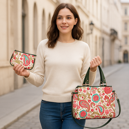 Wholesale Women Paisley Satchel Bag & Coin Pouch Combo - Fabric with Leather Trim