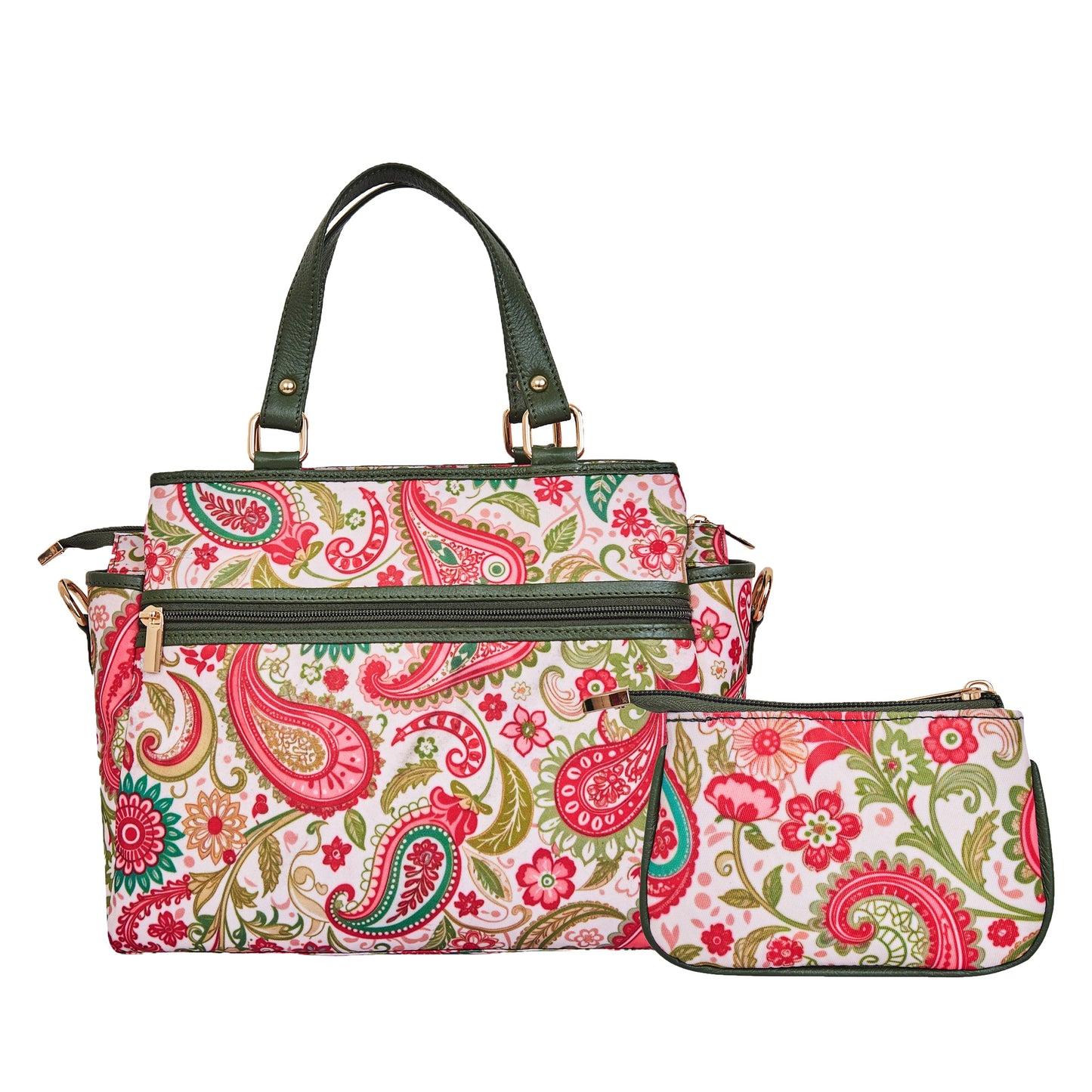 Wholesale Women Paisley Satchel Bag & Coin Pouch Combo - Fabric with Leather Trim