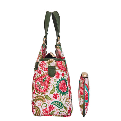 Wholesale Women Paisley Satchel Bag & Coin Pouch Combo - Fabric with Leather Trim