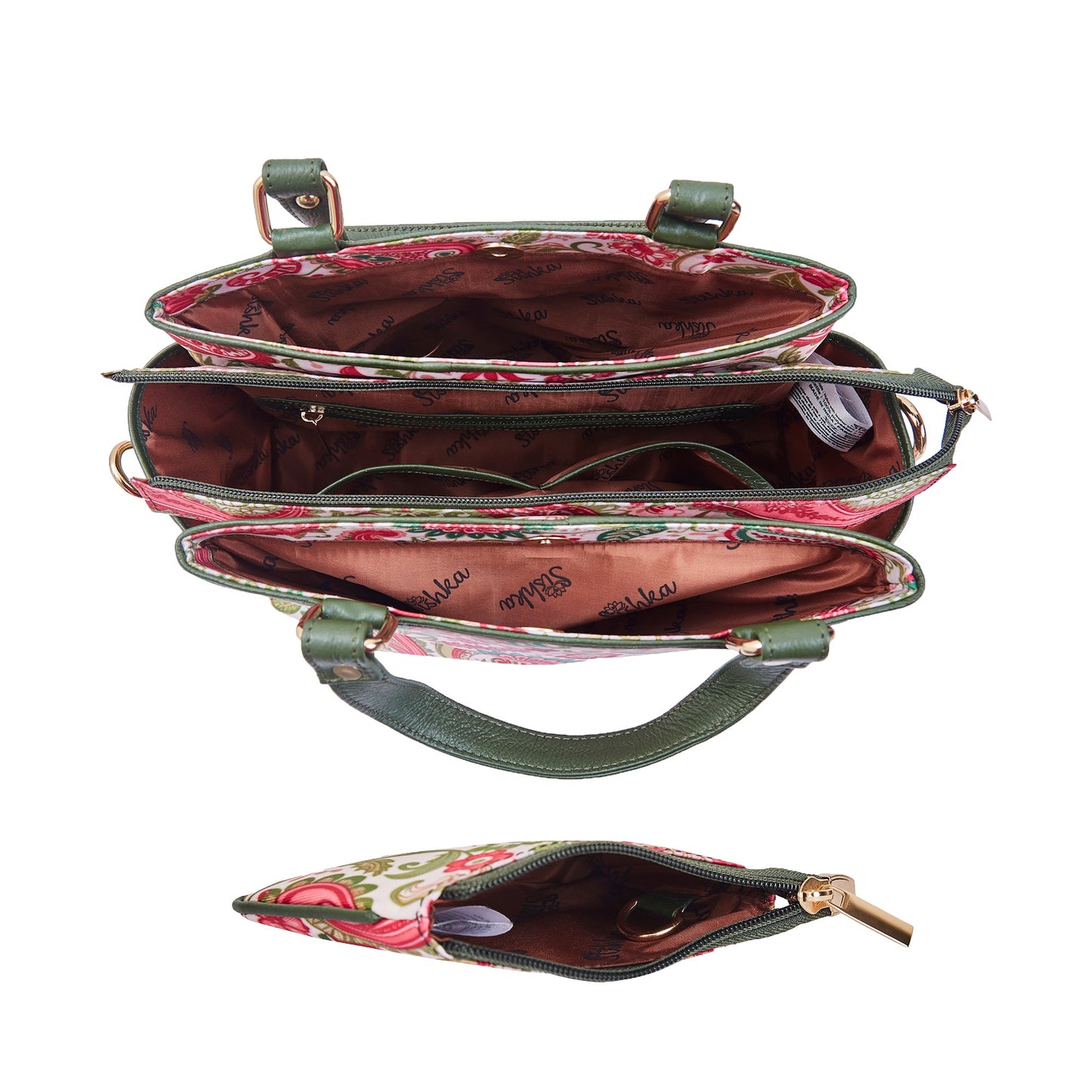 Wholesale Women Paisley Satchel Bag & Coin Pouch Combo - Fabric with Leather Trim