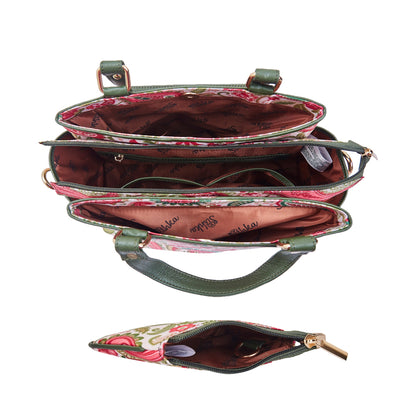 Wholesale Women Paisley Satchel Bag & Coin Pouch Combo - Fabric with Leather Trim