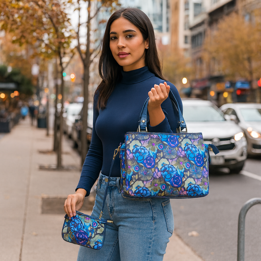 Wholesale Women Botanical Satchel Bag Combo Coin Pouch - Fabric with Leather Trim