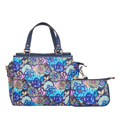 Wholesale Women Botanical Satchel Bag Combo Coin Pouch - Fabric with Leather Trim