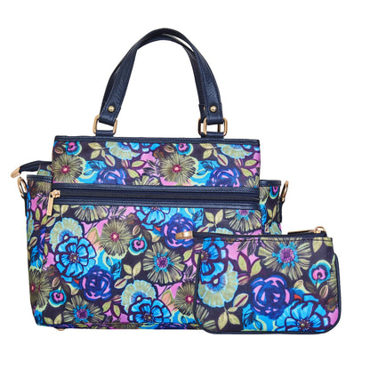 Wholesale Women Botanical Satchel Bag Combo Coin Pouch - Fabric with Leather Trim