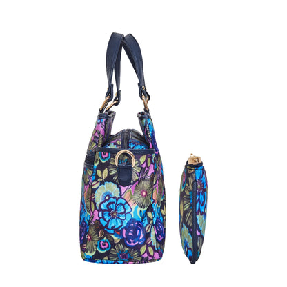 Wholesale Women Botanical Satchel Bag Combo Coin Pouch - Fabric with Leather Trim