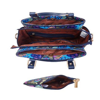 Wholesale Women Botanical Satchel Bag Combo Coin Pouch - Fabric with Leather Trim