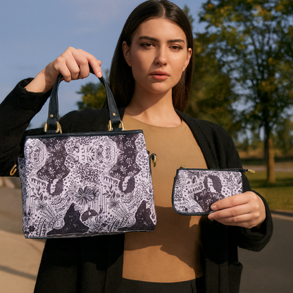 Wholesale Women's Monochrome Satchel Bag Coin Pouch -Fabric with Leather Trim