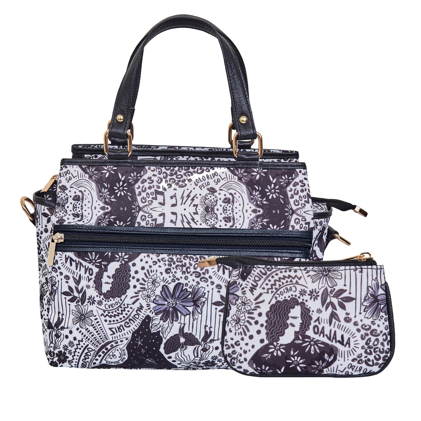 Wholesale Women's Monochrome Satchel Bag Coin Pouch -Fabric with Leather Trim