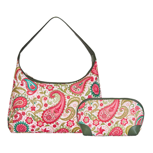 Wholesale Paisley Hobo & Cosmetic Bag Combo - Fabric with Leather Trim for Women