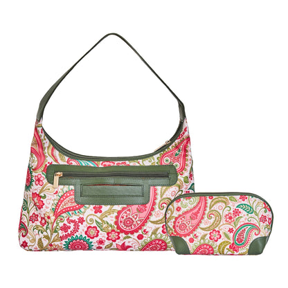 Wholesale Paisley Hobo & Cosmetic Bag Combo - Fabric with Leather Trim for Women