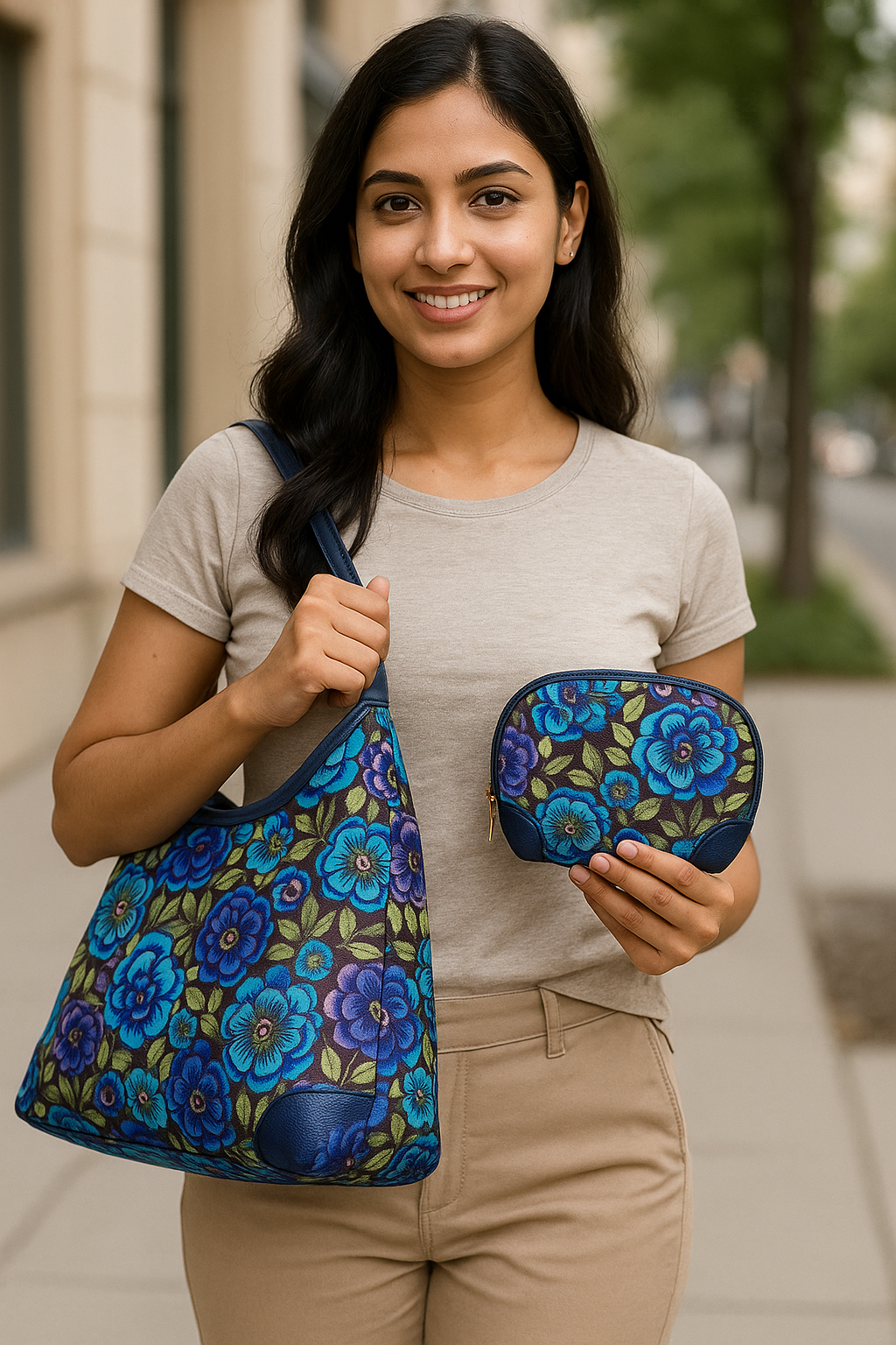 Wholesale Botanical Hobo & Cosmetic Bag Combo - Fabric with Leather Trim for Women
