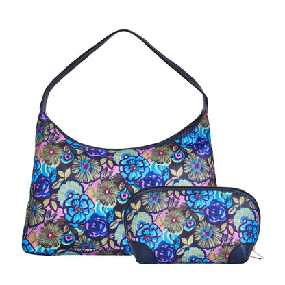 Wholesale Botanical Hobo & Cosmetic Bag Combo - Fabric with Leather Trim for Women