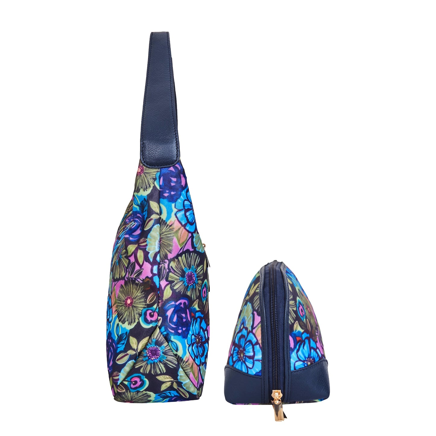 Wholesale Botanical Hobo & Cosmetic Bag Combo - Fabric with Leather Trim for Women