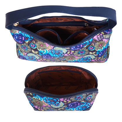 Wholesale Botanical Hobo & Cosmetic Bag Combo - Fabric with Leather Trim for Women