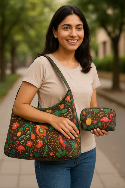 Wholesale Women Hobo & Cosmetic Bag Combo -Fabric with Leather Trim