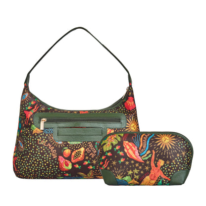 Wholesale Women Hobo & Cosmetic Bag Combo -Fabric with Leather Trim