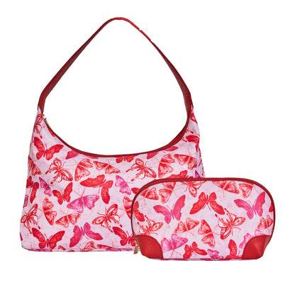 Wholesale Women Butterfly  Hobo & Cosmetic Bag Combo - Fabric with Leather Trim