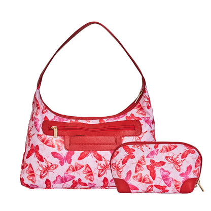 Wholesale Women Butterfly  Hobo & Cosmetic Bag Combo - Fabric with Leather Trim