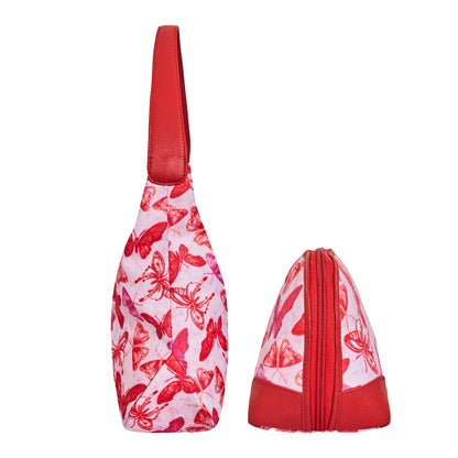 Wholesale Women Butterfly  Hobo & Cosmetic Bag Combo - Fabric with Leather Trim