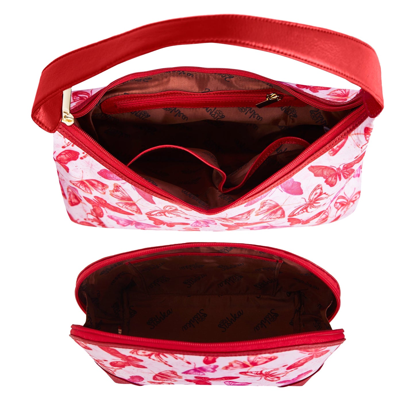 Wholesale Women Butterfly  Hobo & Cosmetic Bag Combo - Fabric with Leather Trim