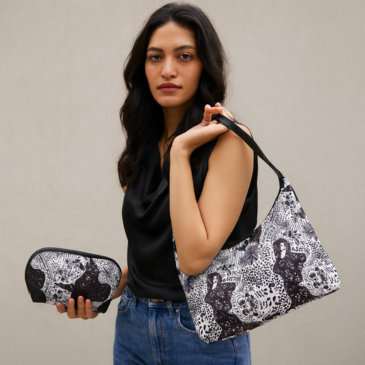 Wholesale Women Monochrome Hobo & Cosmetic Bag in Combo - Fabric with Leather Trim