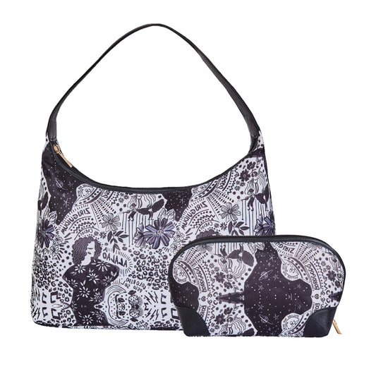 Wholesale Women Monochrome Hobo & Cosmetic Bag in Combo - Fabric with Leather Trim