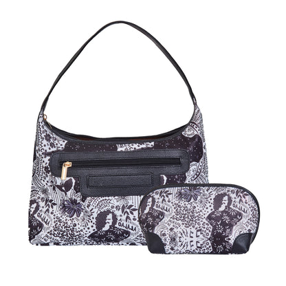 Wholesale Women Monochrome Hobo & Cosmetic Bag in Combo - Fabric with Leather Trim