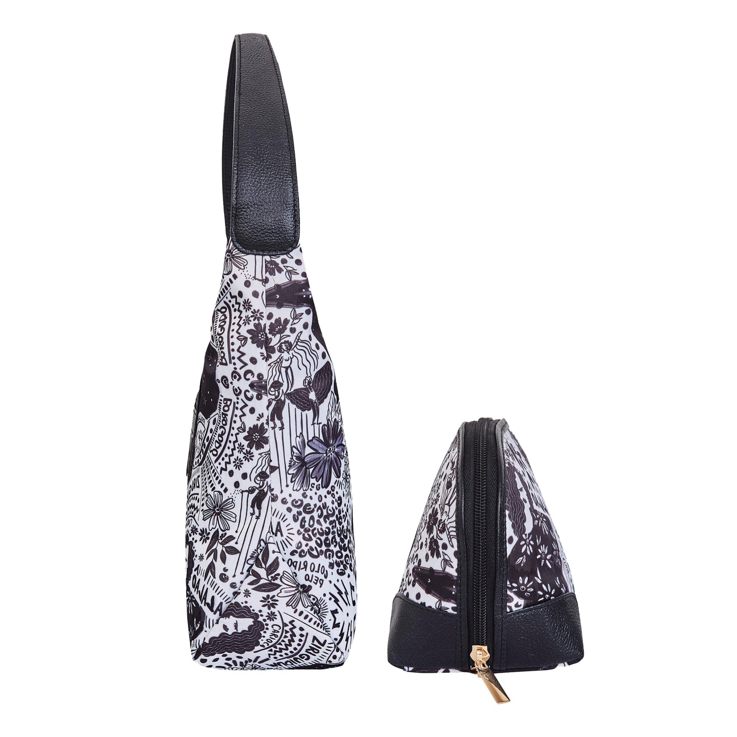 Wholesale Women Monochrome Hobo & Cosmetic Bag in Combo - Fabric with Leather Trim