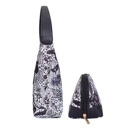 Wholesale Women Monochrome Hobo & Cosmetic Bag in Combo - Fabric with Leather Trim