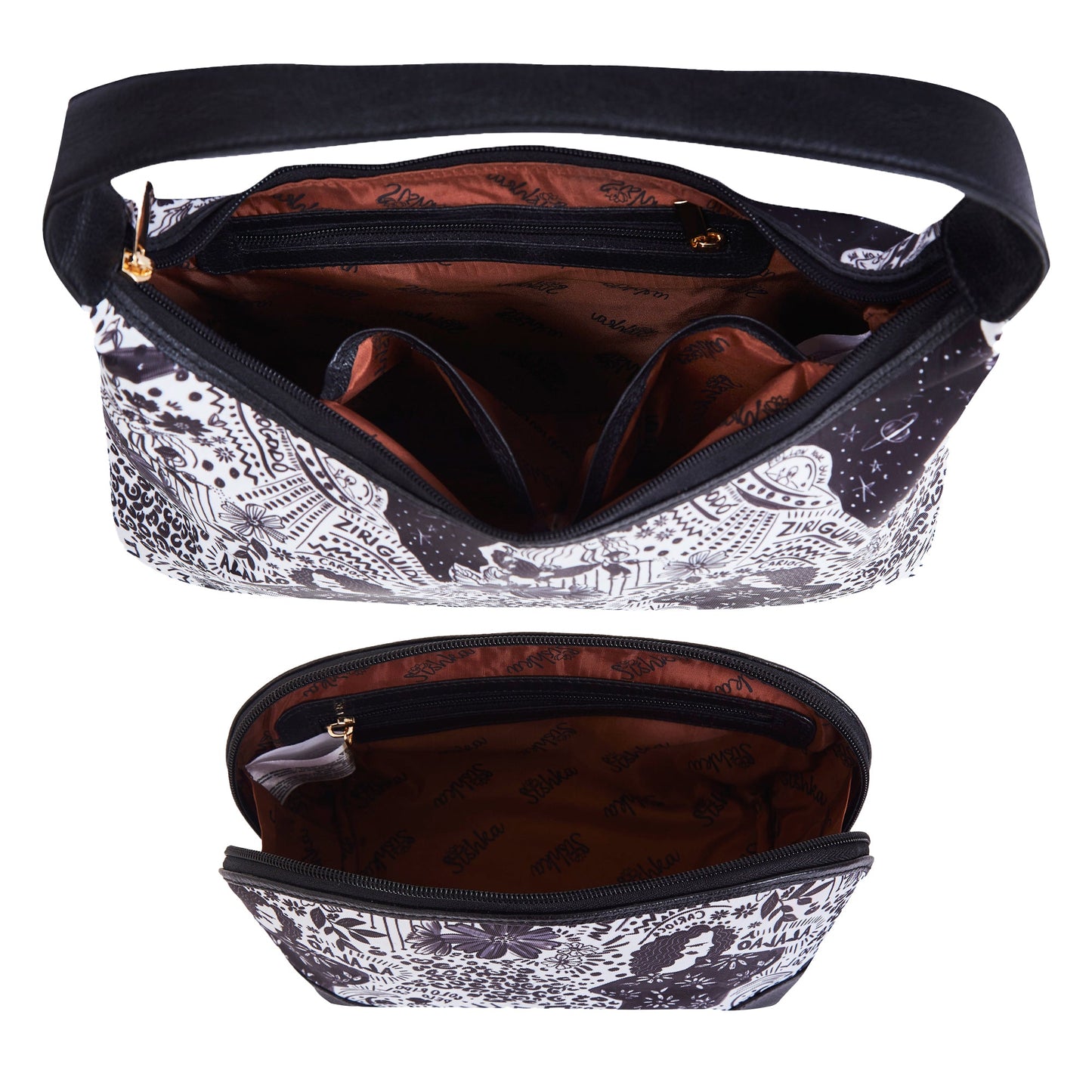 Wholesale Women Monochrome Hobo & Cosmetic Bag in Combo - Fabric with Leather Trim
