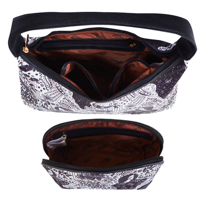 Wholesale Women Monochrome Hobo & Cosmetic Bag in Combo - Fabric with Leather Trim