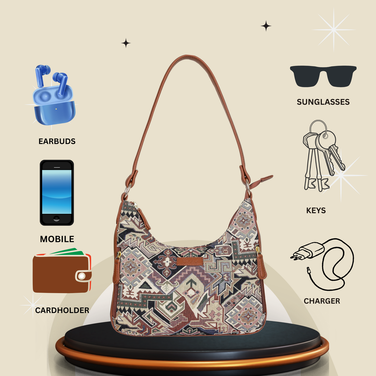 Ladies’ Geometric Tapestry Fabric Hobo Shoulder Bag – Stylish Satchel Purse with Vegan Leather Strap for Work & Casual Outings